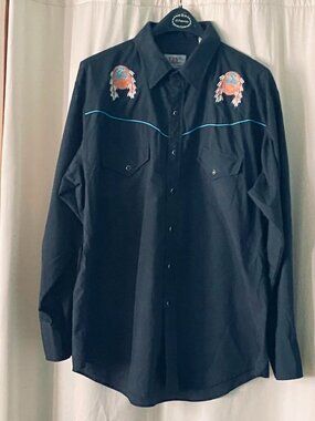 Ely Diamond Western Snap Shirt XL Black Embroidered Southwestern Cowboy